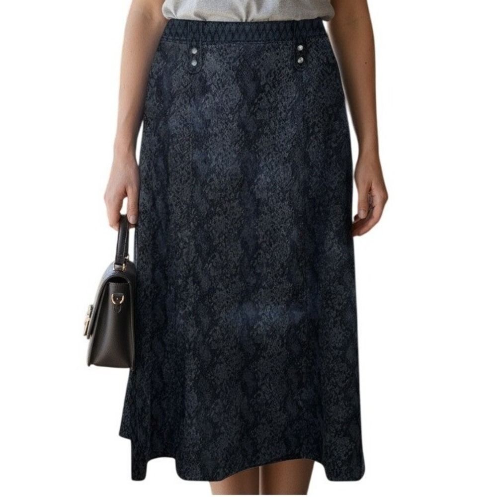 TRACY‎ REESE Snakeskin Print Mixed Media A-Line Midi Skirt Stretch EUC Size 8